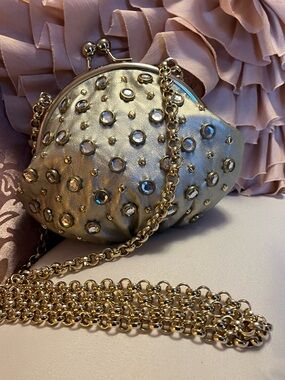 Kathy Van Zeeland Gold Kiss Lock Jeweled Crossbody Bag, EUC